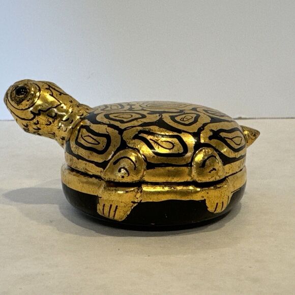Burmese Shwe Zawa 2 Turtle Lacquerware Trinket Box Container Black Gold Wood - Picture 8 of 16